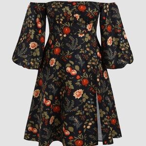 Fruit & Floral Off-shoulder Slit Maxi Dress